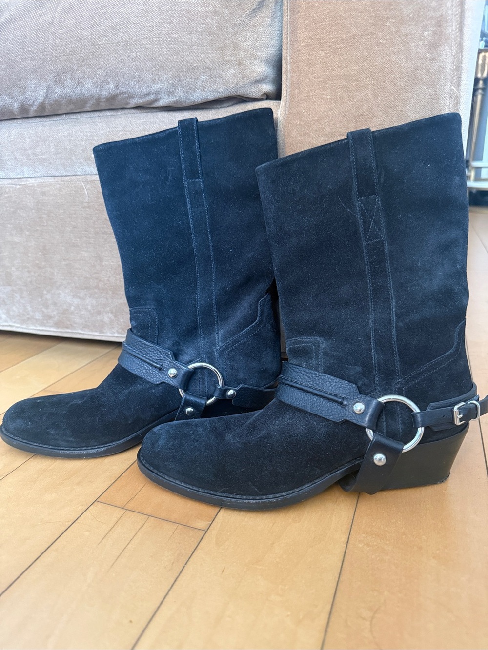 Barbara Bui Black Suede Mid-Calf Harness Boots